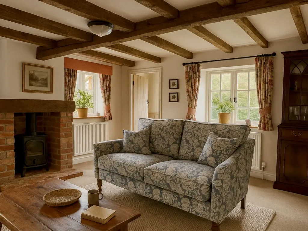 Bespoke two-seater sofa in blue floral fabric, handmade by Ralvern Upholstery for a country cottage living room