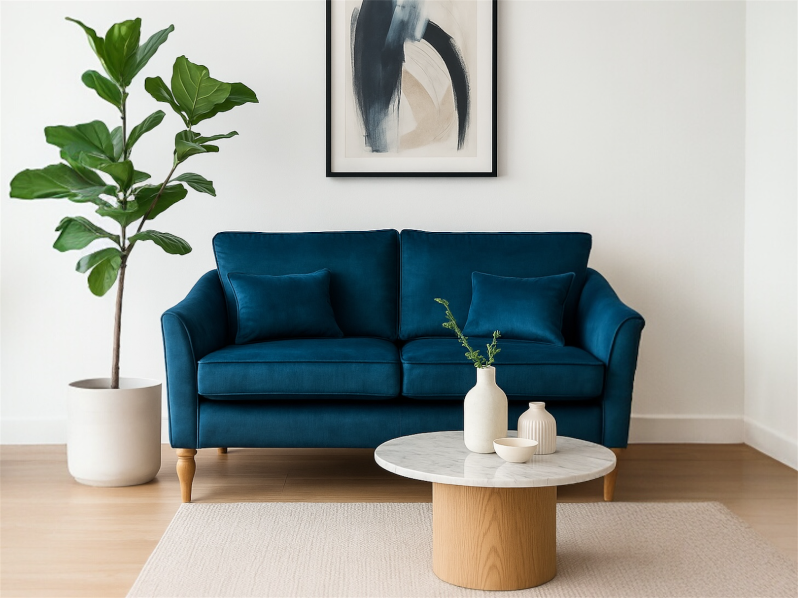 snug room blue sofa landscape