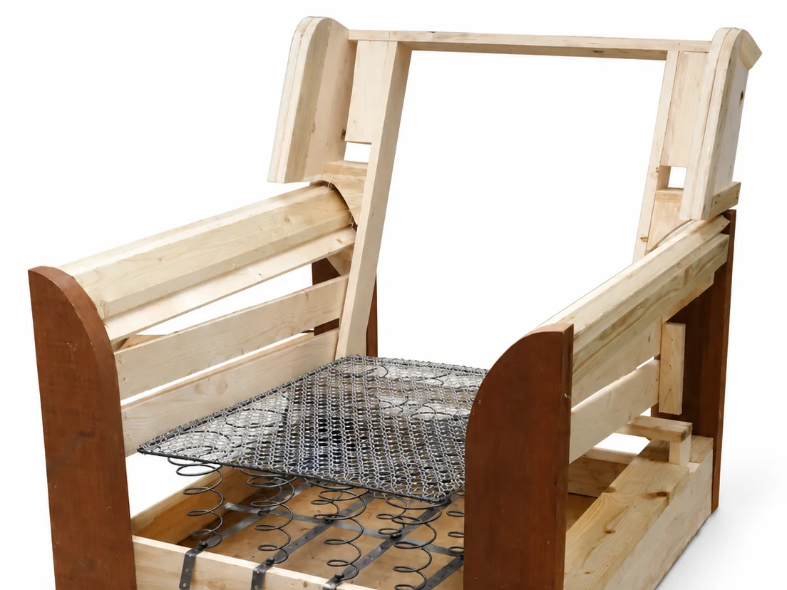 Solid hardwood armchair frame with traditional coil spring unit, hand-built by Ralvern Upholstery